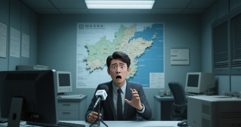 The announcer in the broadcasting room is anxiously reporting