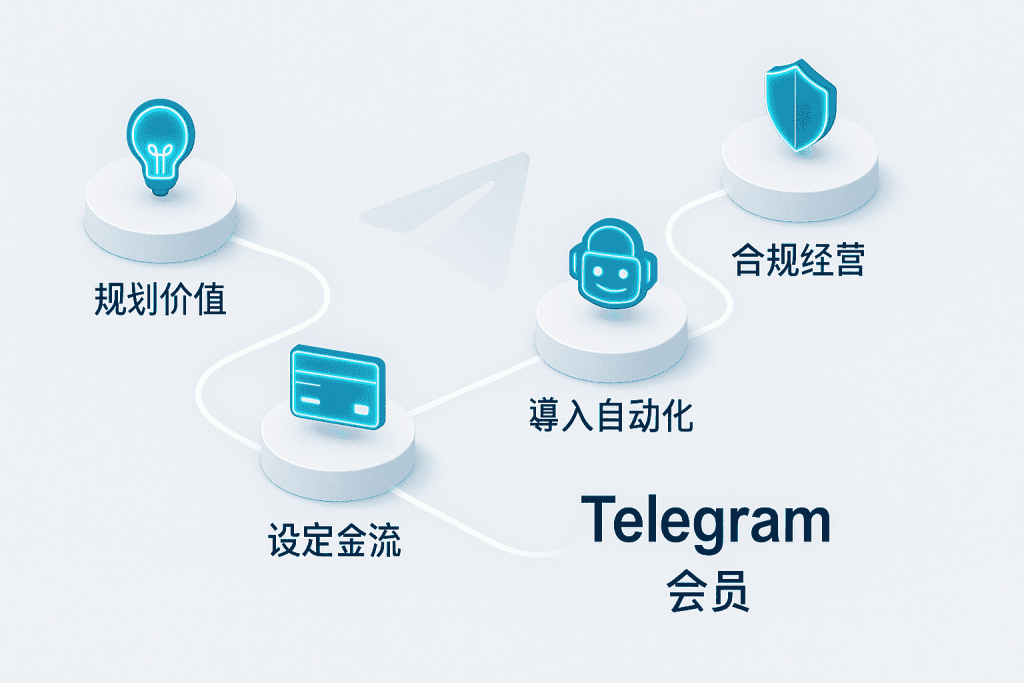 A 4-step infographic flowchart for building a Telegram Membership business, including planning, payments, automation, and compliance.