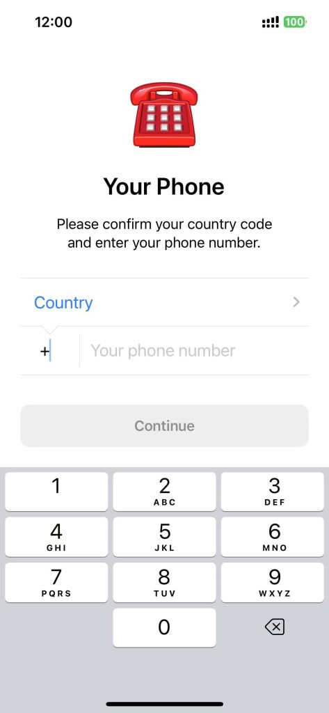 Telegram account registration on mobile — choose country and enter phone number
