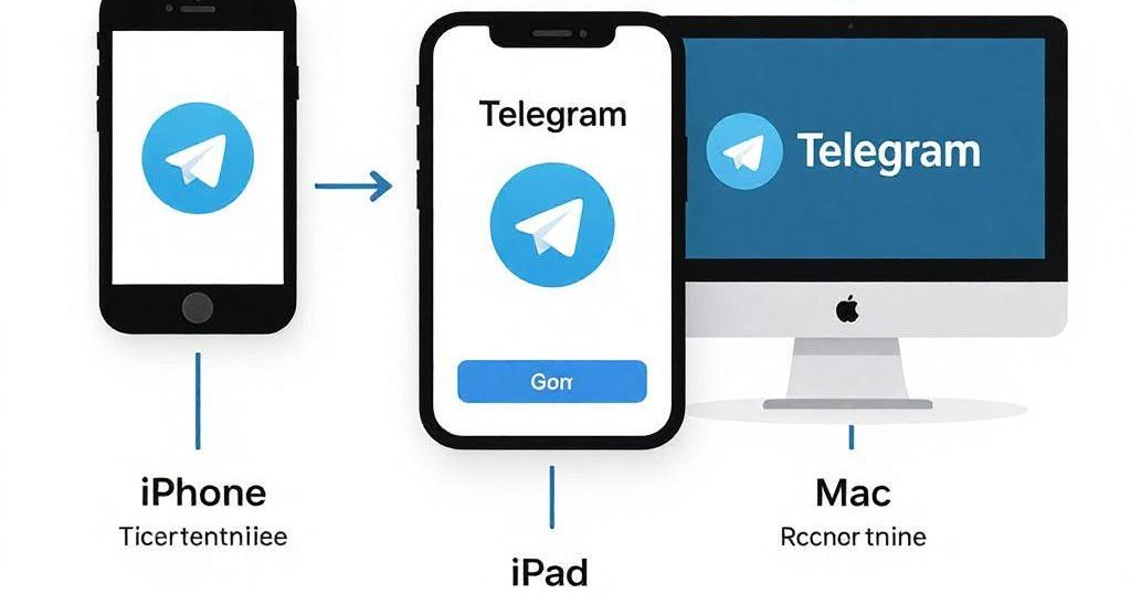 圖片說明：Telegram 應用程式在 iPhone、iPad 和 Mac 電腦上的顯示畫面，提供蘋果用戶專屬的下載安裝指南。