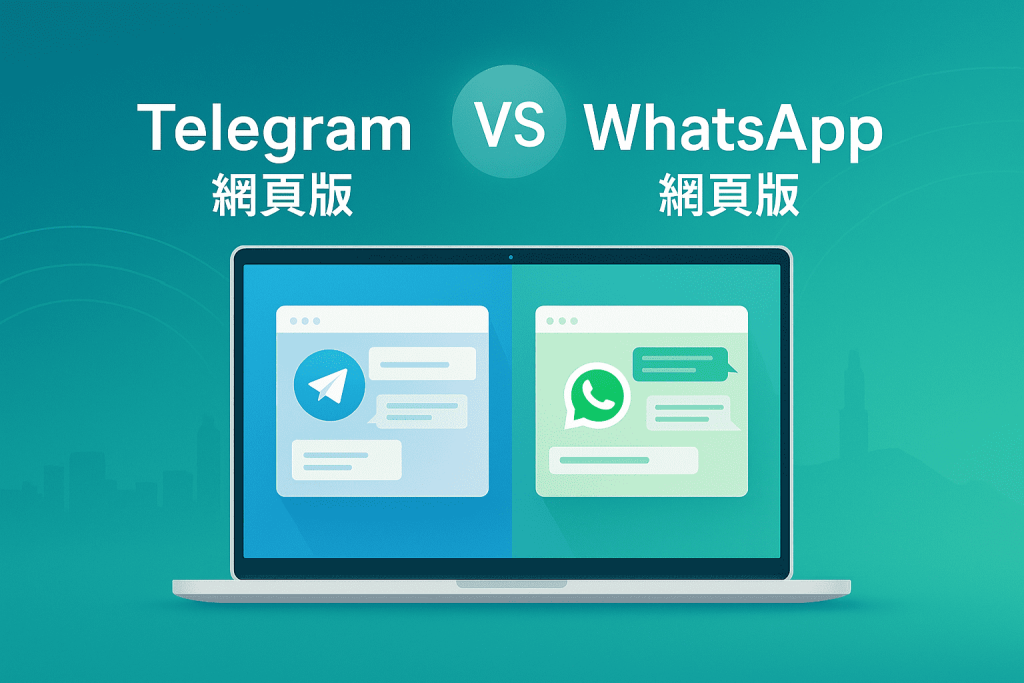 極簡插畫風格的筆電螢幕，左側顯示 Telegra網頁版 介面（藍色氣泡），右側顯示 WhatsApp網頁版 介面（綠色氣泡），中間有 VS 標誌，突顯兩者比較。