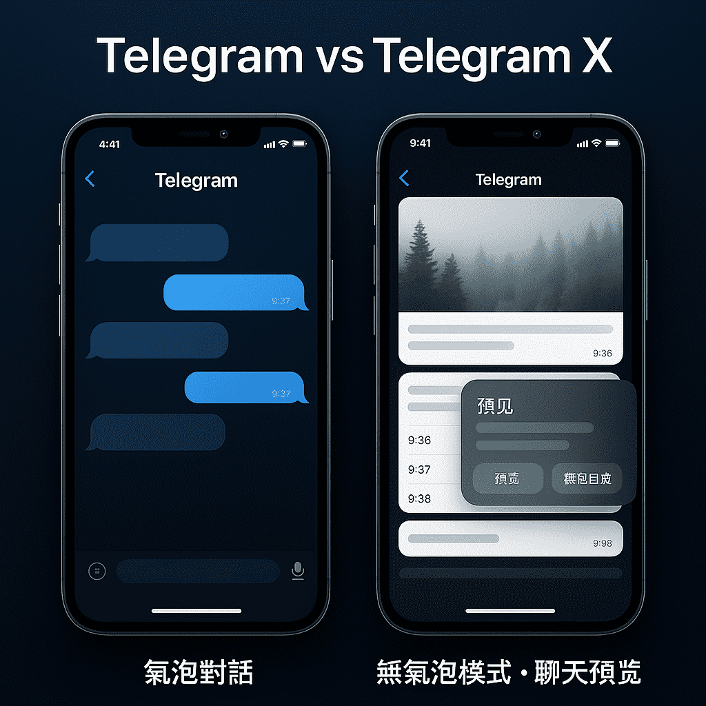 Telegram X 獨特的無氣泡模式與聊天預覽功能介面展示