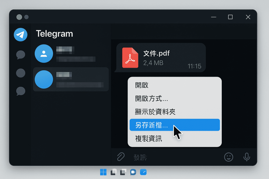  截圖說明在 Windows 電腦上下載 Telegram 附件的過程，透過右鍵點擊並選擇「另存新檔」。