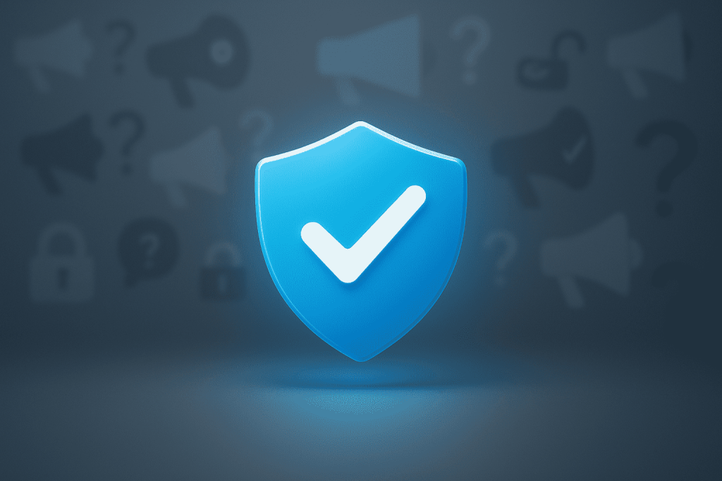 A conceptual vector illustration about finding the right channel. A large, official blue checkmark shield icon is in the center, glowing brightly. In the background, slightly blurred and greyed out, are numerous other generic, shadowy channel icons, some with question marks or broken links, representing fake or private channels. The theme is security, verification, and successful search. --ar 3:2