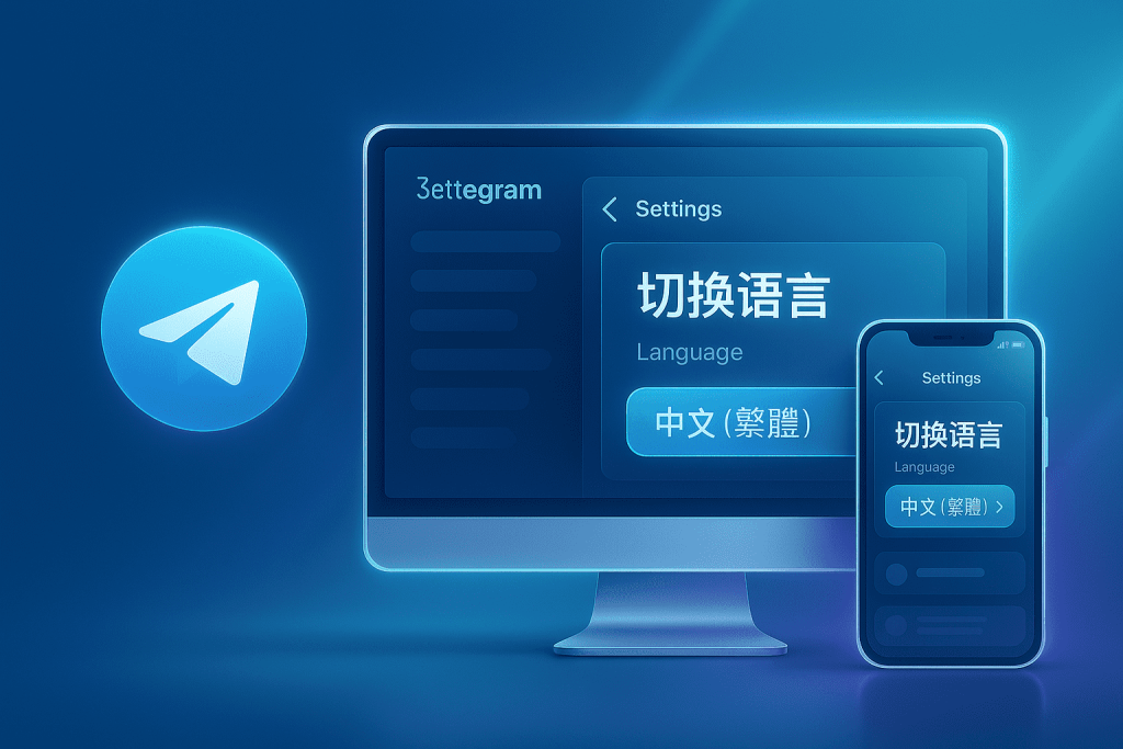 Telegram 怎麼改中文 的示意圖,展示在手機與電腦介面中切換語言至繁體中文的畫面