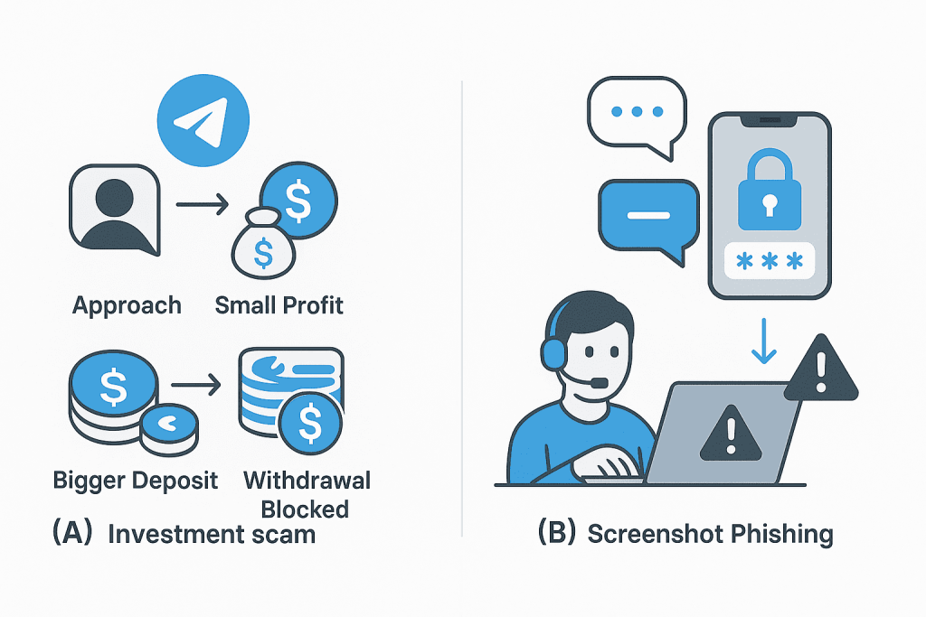 Telegram 帳號安全設定宣導示意。政府單位提醒用戶開啟「雙重驗證」、關閉自動加好友功能，以提升帳號安全。
