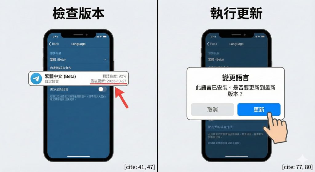 點擊新的語言包連結後，Telegram 跳出提示視窗詢問是否執行「Update (更新)」。