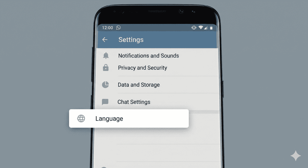 Android 版 Telegram 的設定 (Settings) 菜單截圖，圖中高亮標示了用於切換中文介面的「Language」(語言) 選項位置。