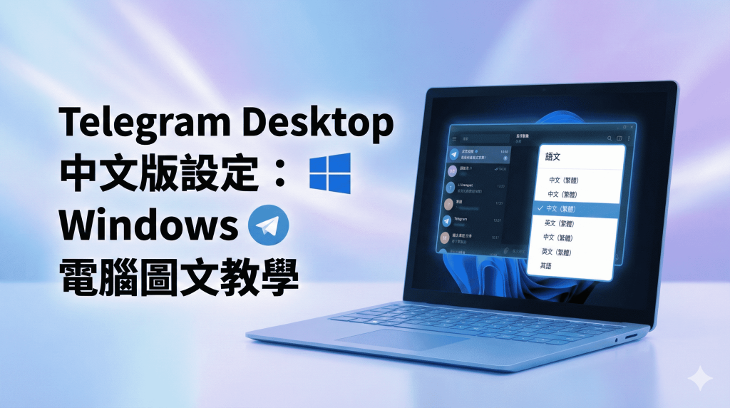 Telegram Desktop 中文版設定教學的封面圖片。圖中有一台 Windows 筆記型電腦，螢幕上顯示 Telegram 軟體介面，正在語言選單中選擇「中文 (繁體)」。標題文字為「Telegram Desktop 中文版設定：Windows 電腦圖文教學」。