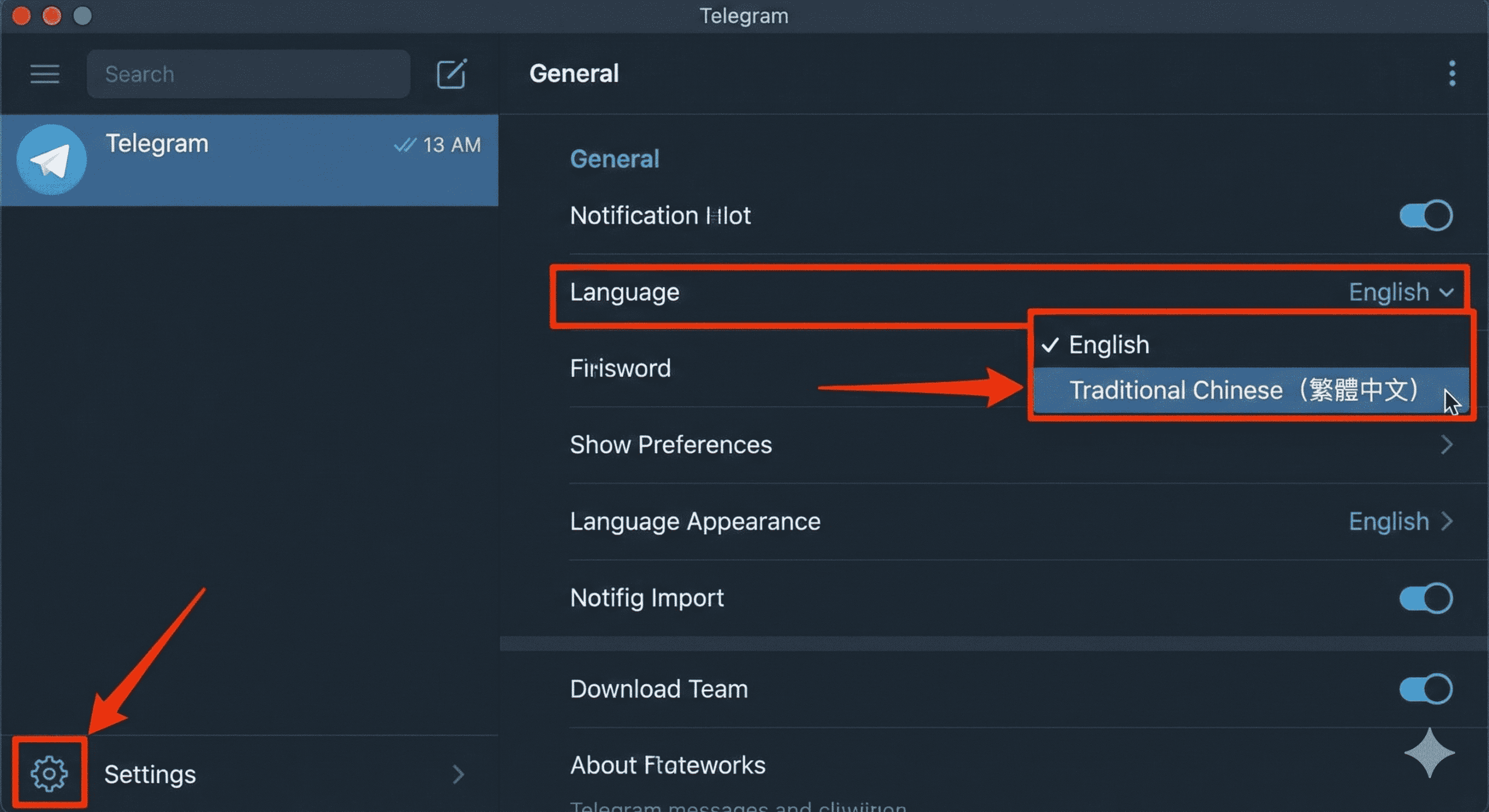 Telegram Mac 電腦版設定介面的截圖,紅色箭頭指示了操作步驟:首先點擊左下角的「Settings」(設定) 齒輪圖示,接著在「General」(一般) 頁面中,點擊「Language」(語言) 選單,並從下拉列表中選擇「Traditional Chinese (繁體中文)」。