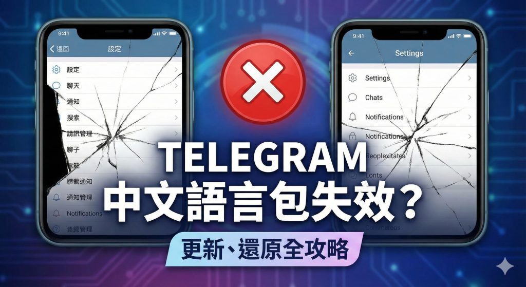 Telegram App 更新後介面出現中英混雜、部分新功能未翻譯的示意畫面。
