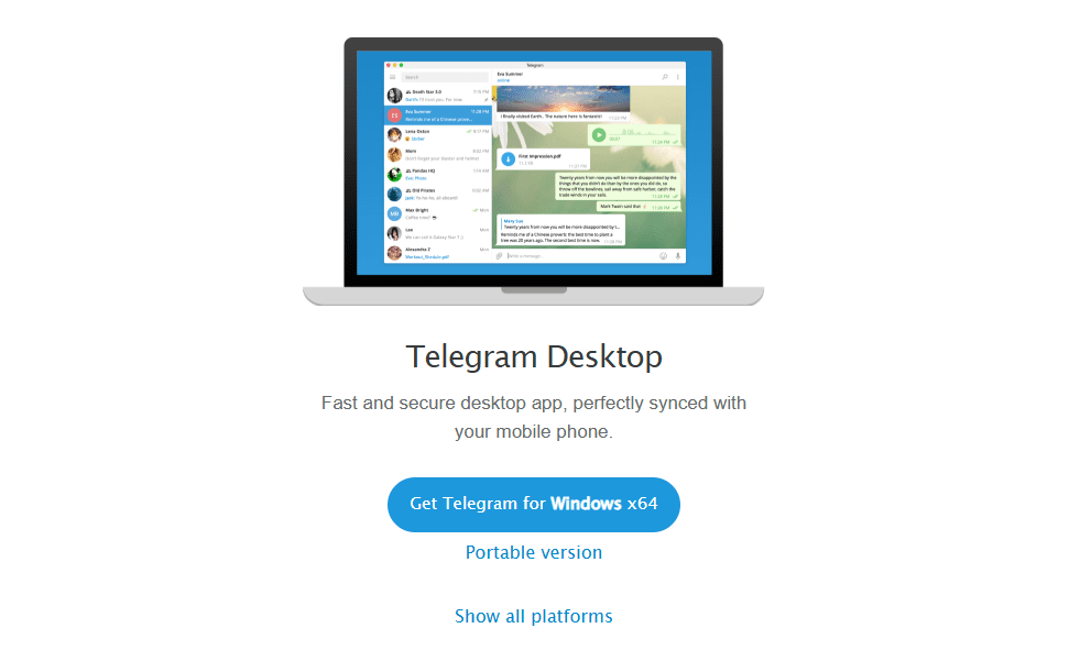 Telegram 官方網站下載頁面的螢幕截圖,畫面顯示了 Desktop 電腦版平台的下載連結按鈕。