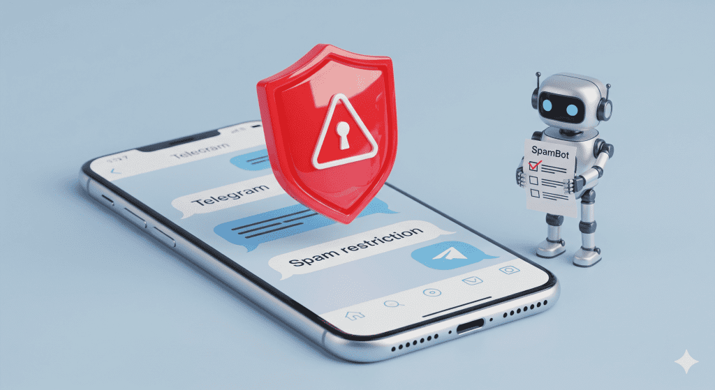 一張 3D 風格的插圖,顯示一支手機螢幕上的 Telegram 聊天介面跳出「Telegram 僅能向已儲存聯絡人發送訊息」的警告視窗與一個大鎖頭圖示,象徵 Telegram spam 限制與無法發送陌生訊息的狀態。