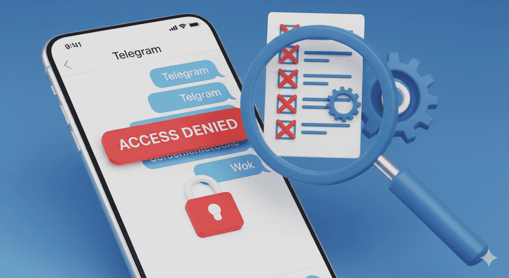 一張顯示 Telegram 解鎖失敗常見原因的示意圖,包含手機螢幕上顯示錯誤訊息、帳號設定檢查清單,以及 Disable filtering 選項的確認畫面,象徵 Telegram 解鎖後還是看不到的排查過程。