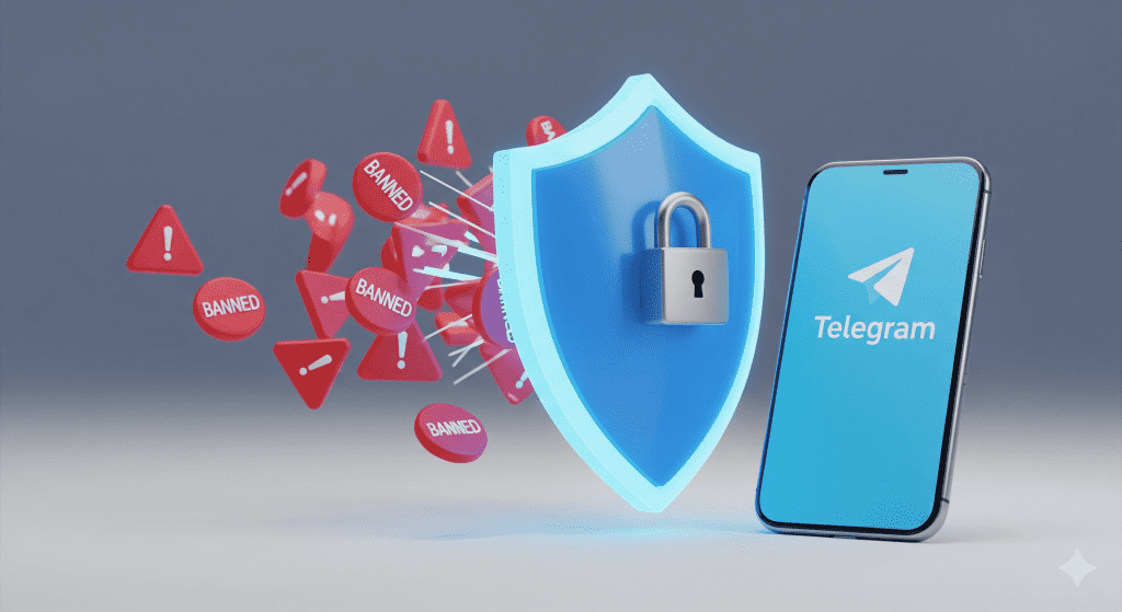 一張 3D 插圖，顯示一個防護盾牌守護著 Telegram 的標誌，旁邊有警示標誌與鎖頭，象徵 Telegram 解鎖過程中的安全風險與防護措施，提醒用戶避免使用違規工具導致封號。