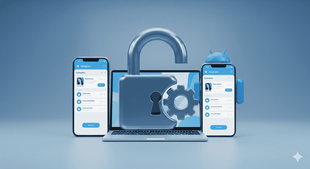 一張比較圖表,顯示 Telegram 在 iOS、Android 和桌面版 (Desktop) 上不同的解鎖設定介面,特別標示出 iOS 缺少的敏感內容開關以及 Web 版的解鎖位置。