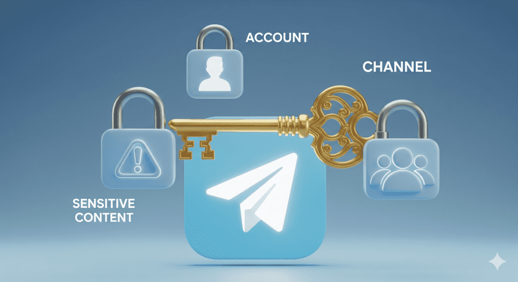 一張綜合性的 3D 插圖，中央是 Telegram 的 Logo，周圍環繞著三種不同的鎖（代表內容鎖、帳號鎖、頻道鎖），並有解鎖的鑰匙正在開啟它們，象徵這是一篇解決所有 Telegram 解鎖 限制問題的完整指南。