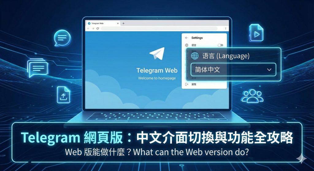 Telegram 網頁版 中文 介面切換教學示意圖，顯示如何將語言設定更改為簡體中文。