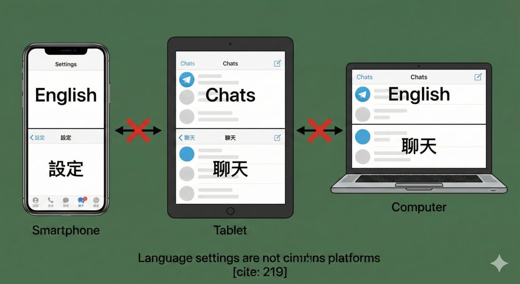 示意圖展示 Telegram 語言設定在手機、平板與電腦之間不會同步，各裝置需獨立設定。
